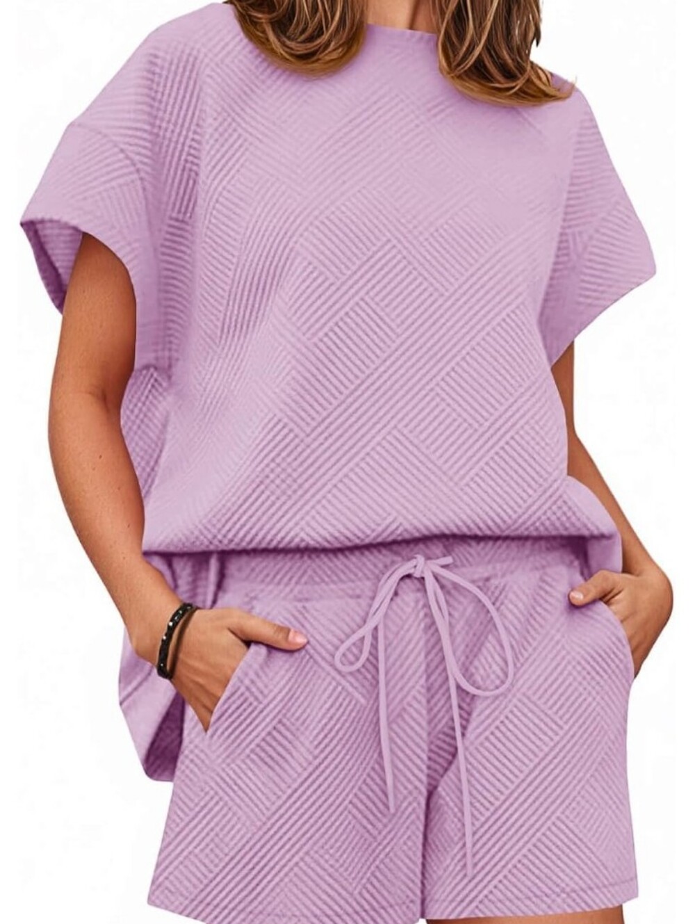 Boho Resort Textured Geometric Knit Two Piece Shorts Set Matching Lounge Co-Ord